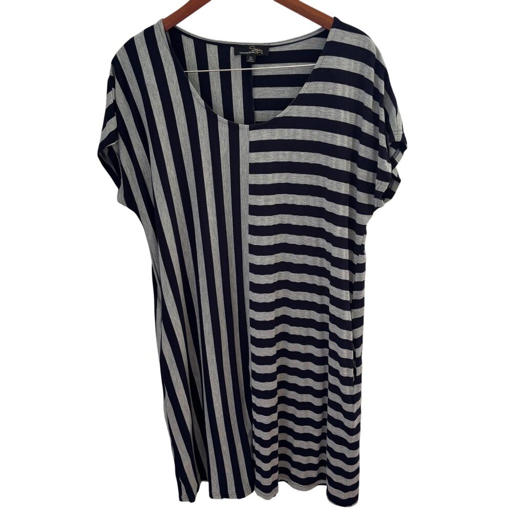 Suzanne Betro Navy Blue & Gray Striped Dress Size XL Short Sleeves